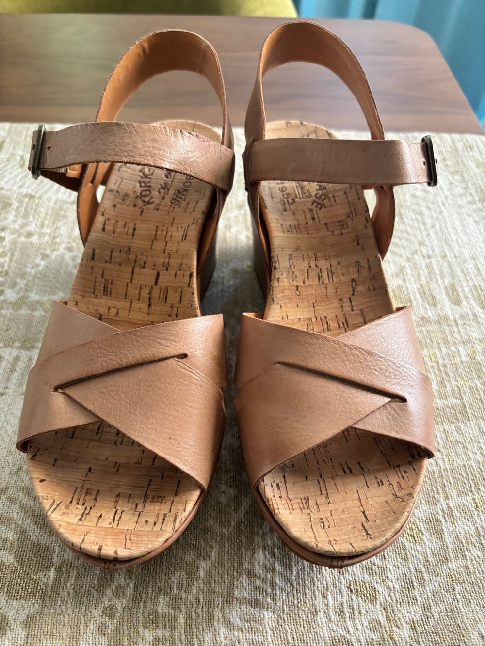 Kork-Ease Tan Leather Cork Wedge Sandals